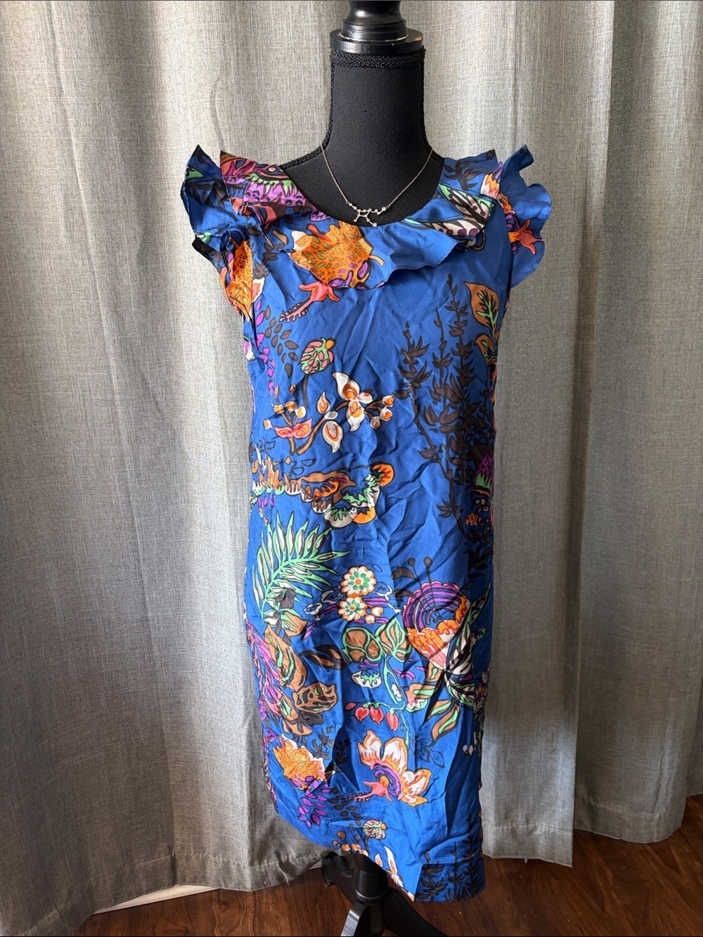 J Crew Blue Floral Ruffle-Trim Midi Dress